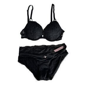 Victoria’s Secret Black Lace Push Up Bra Hipster Panties Set Women’s 32B Small